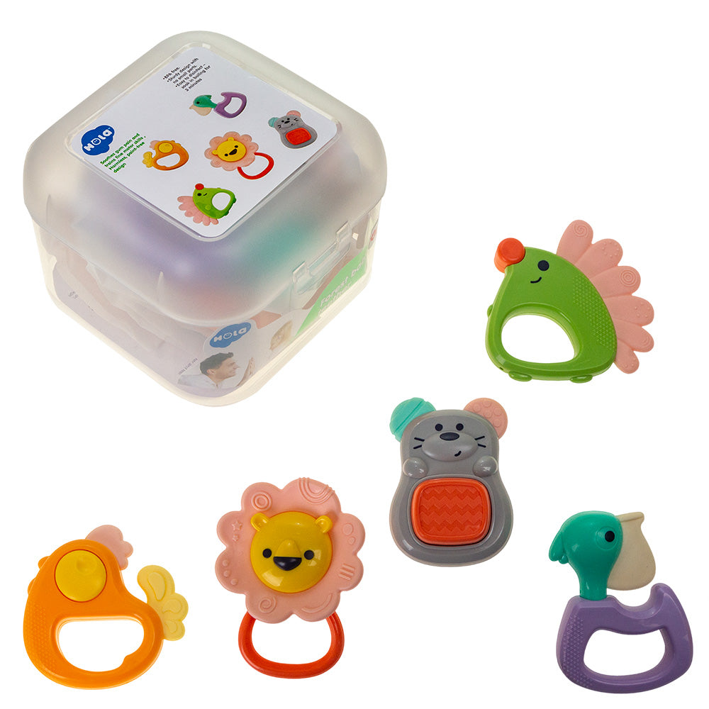 Coffret 5 Hochets Animaux Rigolos avec Boîte de Rangement