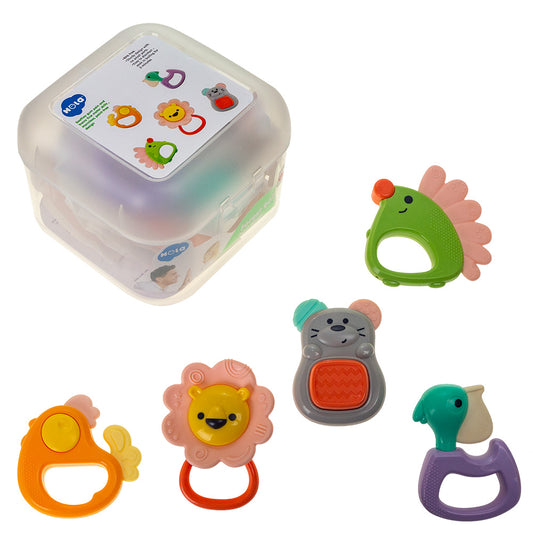 Coffret 5 Hochets Animaux Rigolos avec Boîte de Rangement