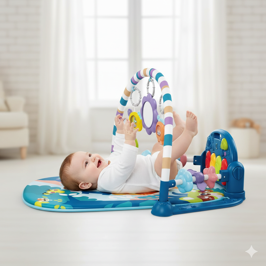 Tapis d'Éveil Musical 3-en-1 avec Piano Nomade et Arches de Jeux - BLEU