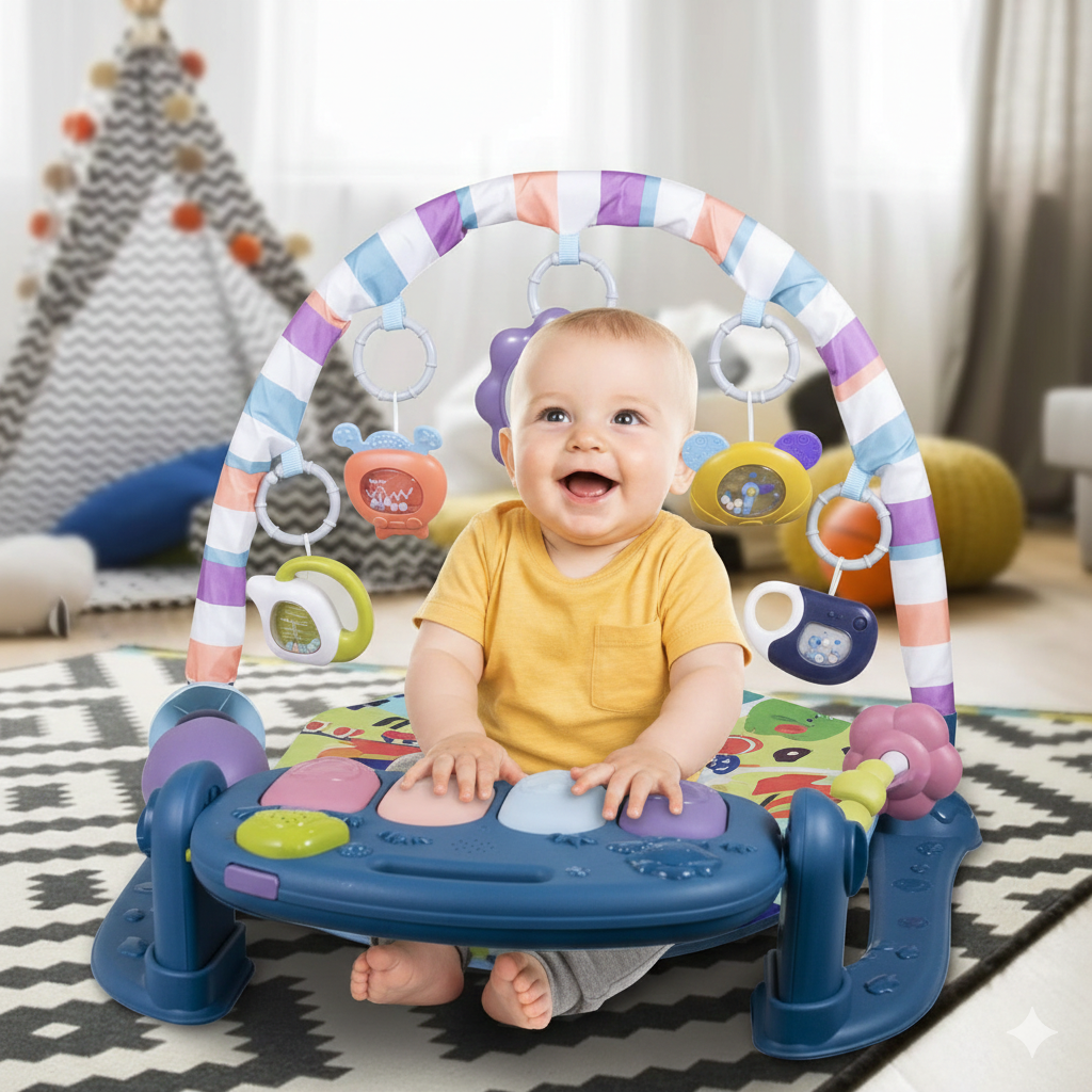 Tapis d'Éveil Musical 3-en-1 avec Piano Nomade et Arches de Jeux - BLEU